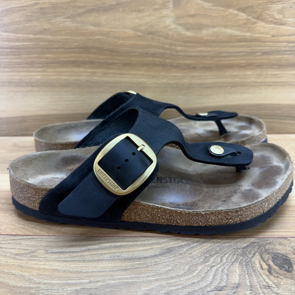 Birkenstock Gizeh Big Buckle Sandals 9 W EU 40 Black Gold Nubuck Leather Travel